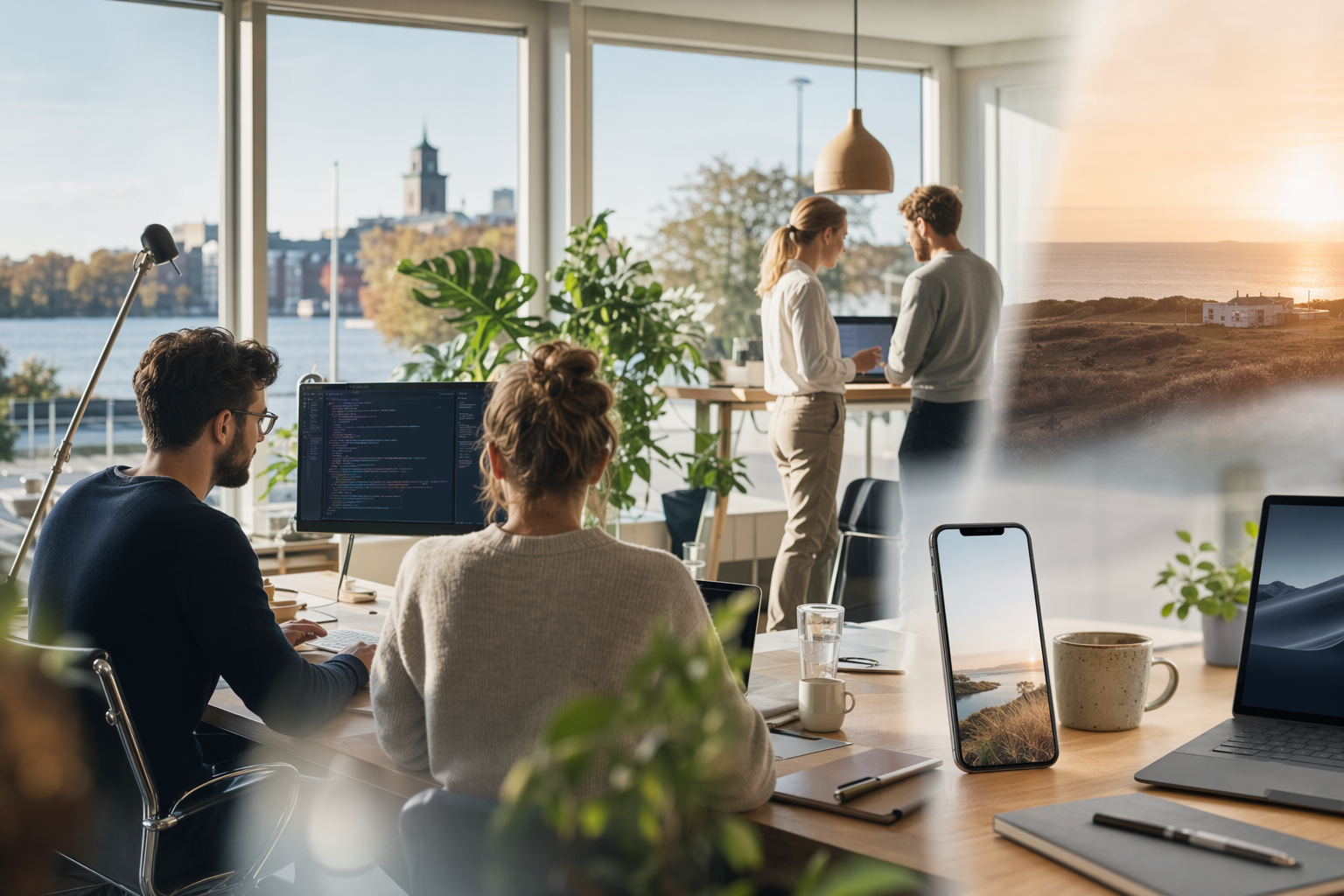 Team som arbetar med digital utveckling i ljus studiomiljö